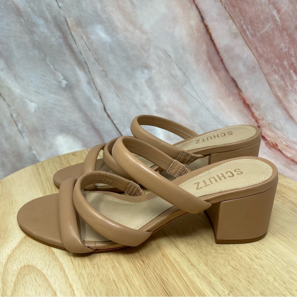 Schutz Olly Leather Block Heel Sandals Nude Sz 7 New - Picture 2 of 11